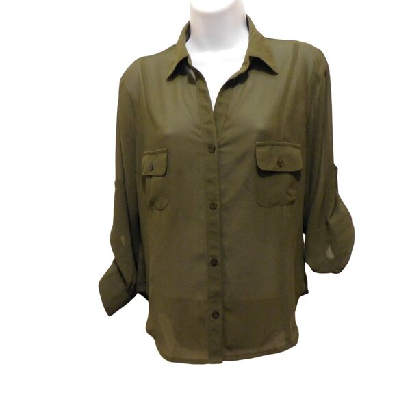 Dejavu Tops - Women's Dejavu Green Long Sleeve Blouse Sz.L Cut Out Back